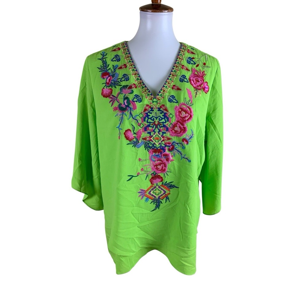 Caleoas Neon Green Embroidered Boho Tunic Top Floral V‎ Neck Festival Large
